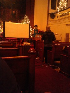 Picture by Danae Hudson. Rev. Nadia Bolz-Weber sets up. And do I really look like that from the back?